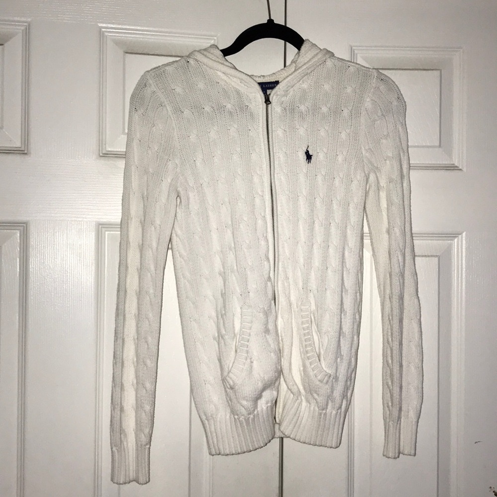 Ralph Lauren Hooded Cable Knit Zip Front Sweater